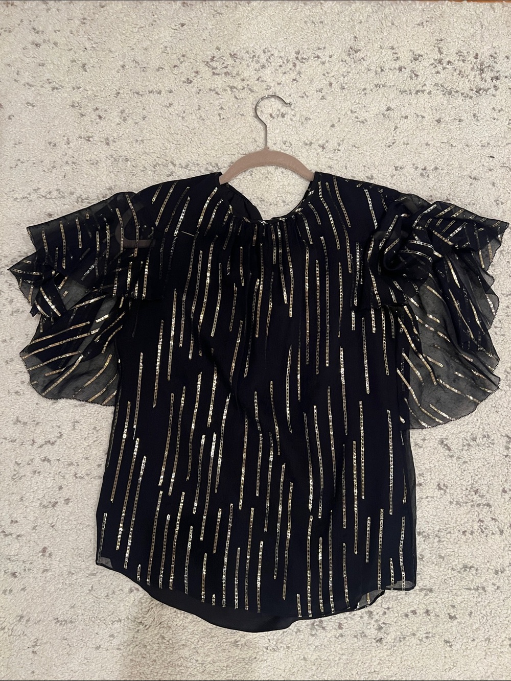 Tahari Silk Women's Black Metallic Stripe Ruffle Sleeve Top